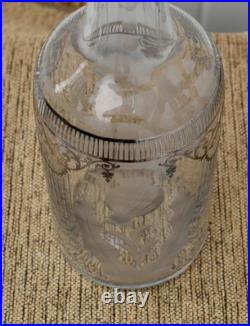 Vintage Cut Glass Decanter Art Nouveau Etched Frosted Sterling Silver Overlay
