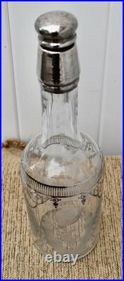 Vintage Cut Glass Decanter Art Nouveau Etched Frosted Sterling Silver Overlay