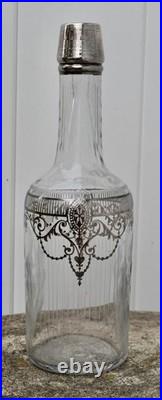 Vintage Cut Glass Decanter Art Nouveau Etched Frosted Sterling Silver Overlay