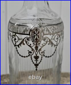 Vintage Cut Glass Decanter Art Nouveau Etched Frosted Sterling Silver Overlay