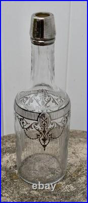 Vintage Cut Glass Decanter Art Nouveau Etched Frosted Sterling Silver Overlay