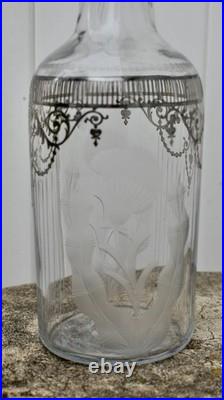 Vintage Cut Glass Decanter Art Nouveau Etched Frosted Sterling Silver Overlay