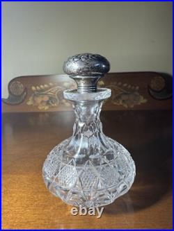 Vintage Cut Glass Decanter with Sterling Silver Stopper and Etched Signature