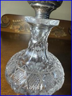 Vintage Cut Glass Decanter with Sterling Silver Stopper and Etched Signature