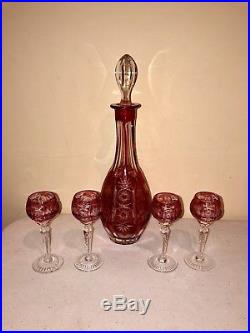 Vintage Cut glass, Ruby Red cut to clear Crystal Decanter, 4 Cordial glasses