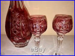 Vintage Cut glass, Ruby Red cut to clear Crystal Decanter, 4 Cordial glasses