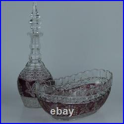 Vintage Cut to Clear Ruby Crystal Decanter & Banana Boat Set Grape and Leaves
