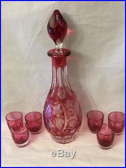 Vintage Czech 7-piece Cranberry Pink Cut to Clear Crystal Decanter & Glasses