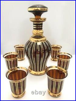Vintage Czech Bohemia Decanter with 6 Glasses 24K Gold