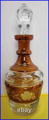 Vintage Czech Bohemian Amber Cut to Clear Glass Decanter Hard Water Ecthed Vintage Czech Bohemian Amber Cut to Clear Glass Decanter Hard Water Ecthed