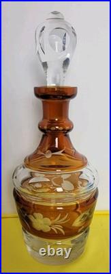 Vintage Czech Bohemian Amber Cut to Clear Glass Decanter Hard Water Ecthed