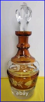 Vintage Czech Bohemian Amber Cut to Clear Glass Decanter Hard Water Ecthed