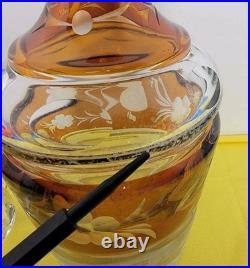 Vintage Czech Bohemian Amber Cut to Clear Glass Decanter Hard Water Ecthed