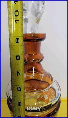 Vintage Czech Bohemian Amber Cut to Clear Glass Decanter Hard Water Ecthed