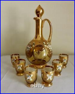 Vintage Czech Bohemian Amber Glass Decanter with 6 Cordials