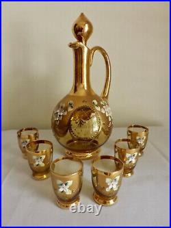 Vintage Czech Bohemian Amber Glass Decanter with 6 Cordials