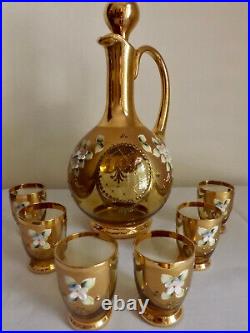 Vintage Czech Bohemian Amber Glass Decanter with 6 Cordials