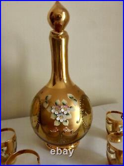 Vintage Czech Bohemian Amber Glass Decanter with 6 Cordials