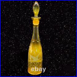 Vintage Czech Bohemian Art Glass Etched Amber Decanter With Stopper Duck Swan
