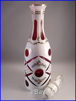 Vintage Czech Bohemian Art Glass White Cut To Cranberry Clear Decanter Gilded