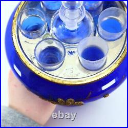 Vintage Czech Bohemian Blue Gilded Glass Hinged Lid & 6 Shot Glass Decanter 11in