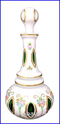 Vintage Czech Bohemian Cased Glass Decanter White Cut to Green Hand Painted