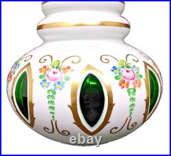 Vintage Czech Bohemian Cased Glass Decanter White Cut to Green Hand Painted