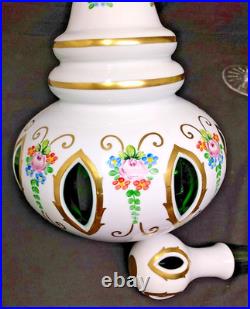 Vintage Czech Bohemian Cased Glass Decanter White Cut to Green Hand Painted