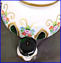Vintage Czech Bohemian Cased Glass Decanter White Cut to Green Hand Painted