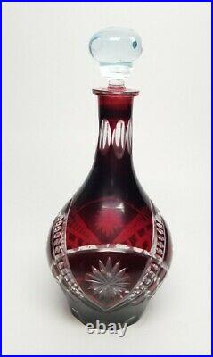 Vintage Czech Bohemian Decanter & 4 Cordial Stem Set Ruby Red Cut to Clear Glass