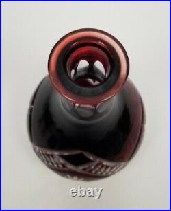 Vintage Czech Bohemian Decanter & 4 Cordial Stem Set Ruby Red Cut to Clear Glass