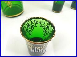 Vintage Czech Bohemian Green Gold Liquor Sherry Decanter 6 Matching Glasses
