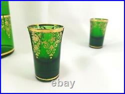 Vintage Czech Bohemian Green Gold Liquor Sherry Decanter 6 Matching Glasses