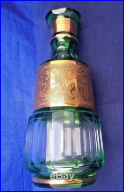 Vintage Czech Bohemian Moser Emerald Green Glass Gold Gilt Decanter