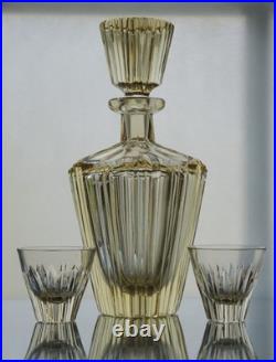 Vintage Czech Citrine Glass Decanter Set with 2 Shot Glasses Fluted Mid Century