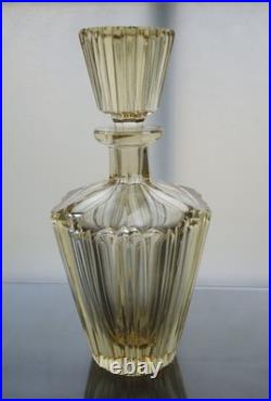 Vintage Czech Citrine Glass Decanter Set with 2 Shot Glasses Fluted Mid Century