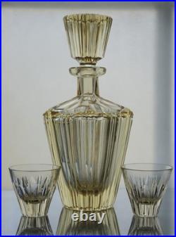 Vintage Czech Citrine Glass Decanter Set with 2 Shot Glasses Fluted Mid Century