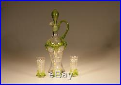 Vintage Czech Glass Crystal & Green Decanter Set Hand Painted c. 1900