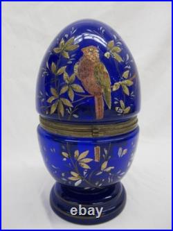 Vintage Czech blue glass Cellarette Tantalus, hand painted with decanter glasses