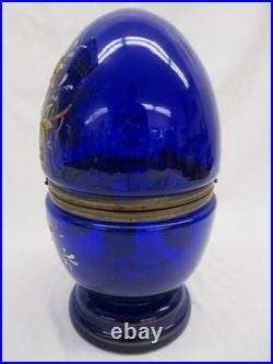 Vintage Czech blue glass Cellarette Tantalus, hand painted with decanter glasses