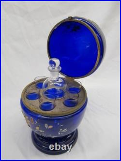 Vintage Czech blue glass Cellarette Tantalus, hand painted with decanter glasses
