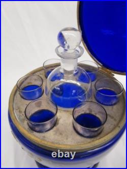 Vintage Czech blue glass Cellarette Tantalus, hand painted with decanter glasses