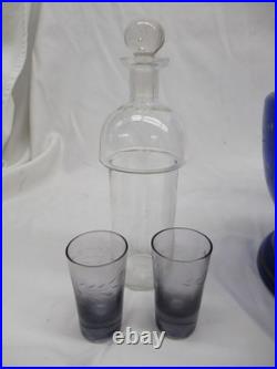 Vintage Czech blue glass Cellarette Tantalus, hand painted with decanter glasses