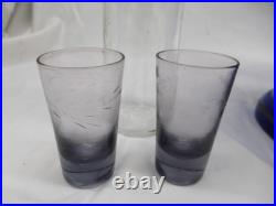 Vintage Czech blue glass Cellarette Tantalus, hand painted with decanter glasses