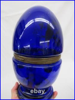 Vintage Czech blue glass Cellarette Tantalus, hand painted with decanter glasses