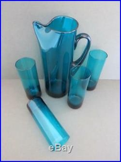 Vintage Danish Holmegaard Turquoise Blue Glass Water Jug Pitcher Glasses Set