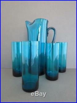 Vintage Danish Holmegaard Turquoise Blue Glass Water Jug Pitcher Glasses Set