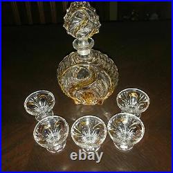 Vintage Decanter AMBER/CLEAR Wine Set Hand Cut Lead Crystal With 5 GLASS SHOT
