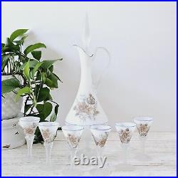Vintage Decanter Frosted Satin Glass Floral 7-Piece Wine Decanter & Glass Set