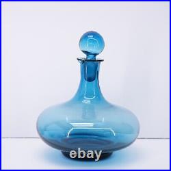 Vintage Decanter Set Mid Century Cobalt Blue Art Glass with Six Cups Italian